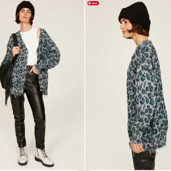 R13 distressed cotton blue leopard cardigan, oversize, Small - Picture 2 of 8